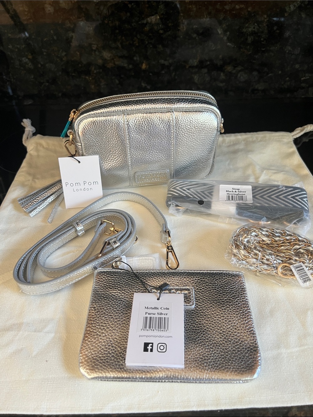 NWT Pom Pom London Metallic Silver City Mini Crossbody Set - Silver